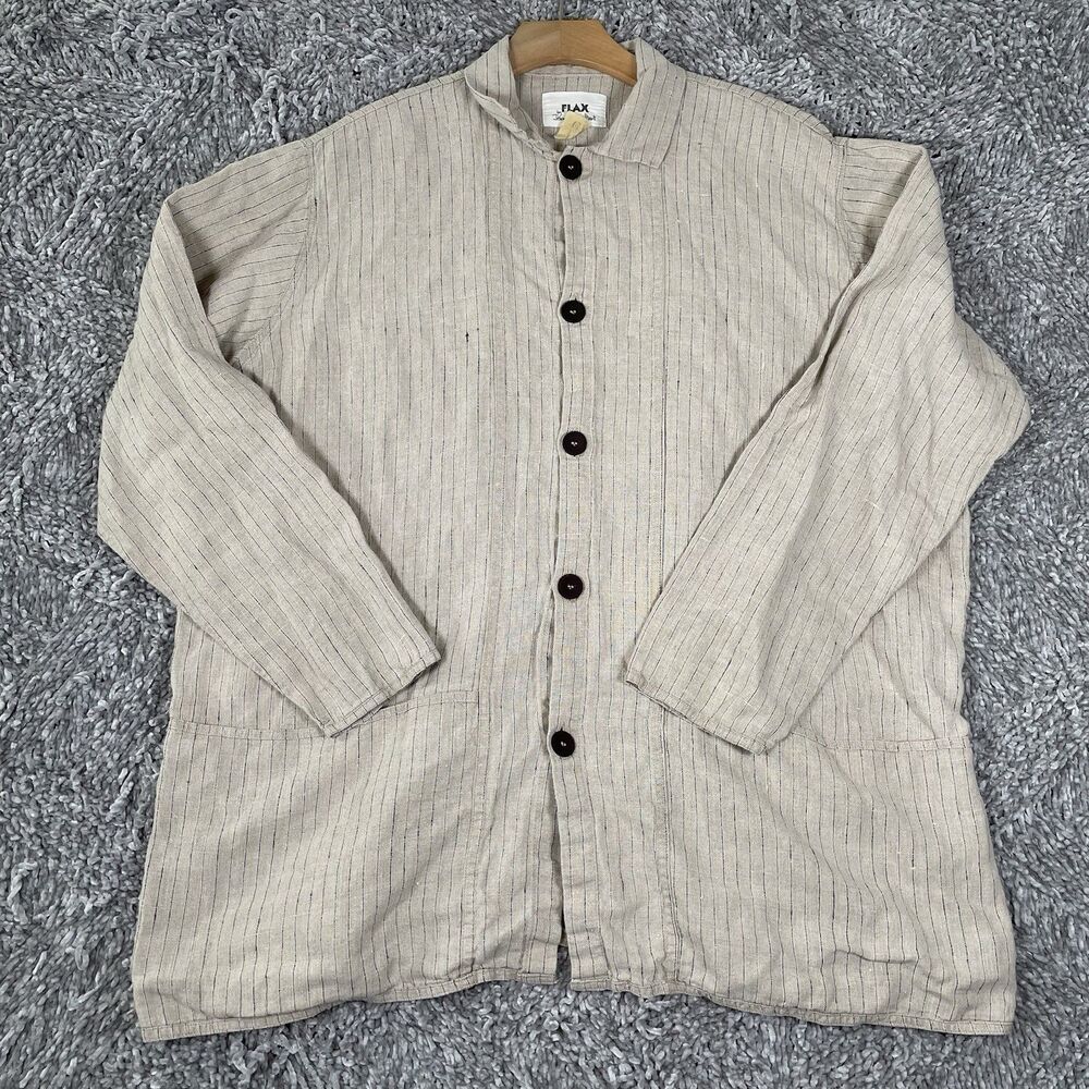 FLAX By Jeanne Engelhart Button Top Women's Medium 100% Linen Beige Long Sleeve